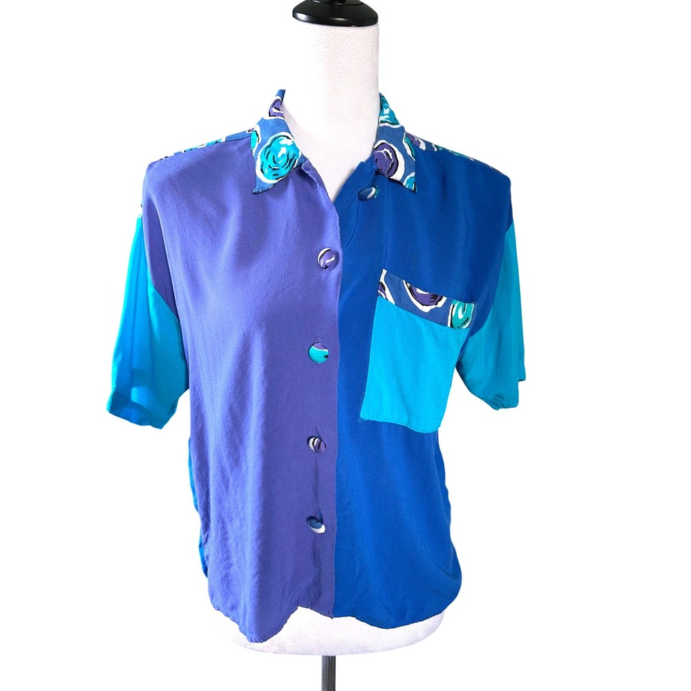 Vintage 62 East Button Down Shirt Women Blue Colorblock Abstract Print Size M